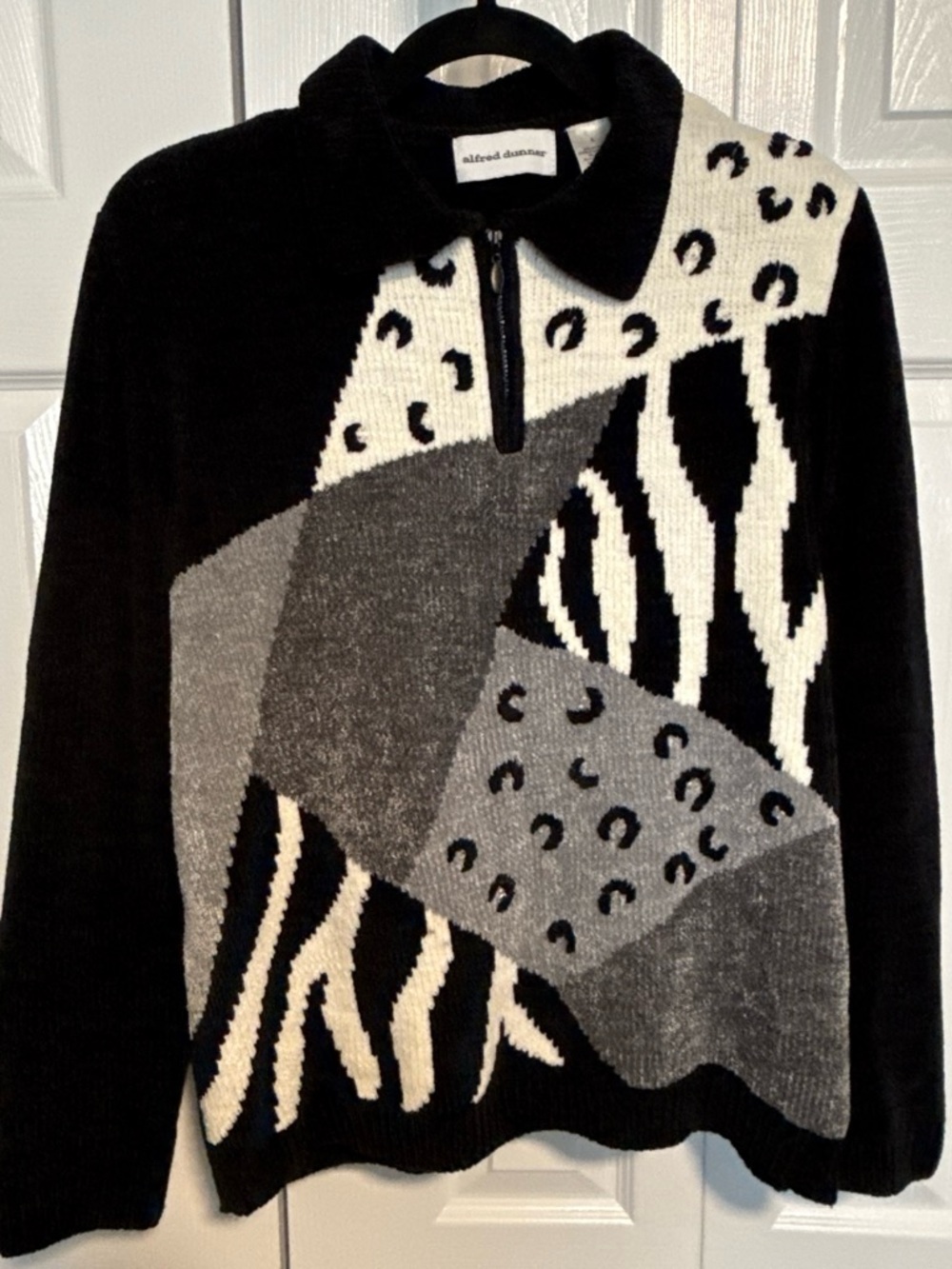 Alfred Dunner Black, Gray & Cream Patterned Zip-Front Turtleneck Sweater